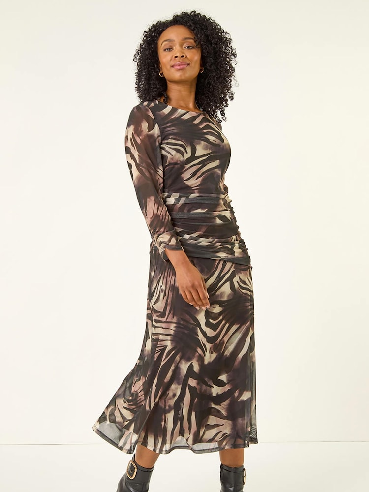 Roman Black Petite Animal Print Mesh Ruched Midi Dress - Image 2 of 5 Roman Black Petite Animal Print Mesh Ruched Midi Dress - Image 2 of 5