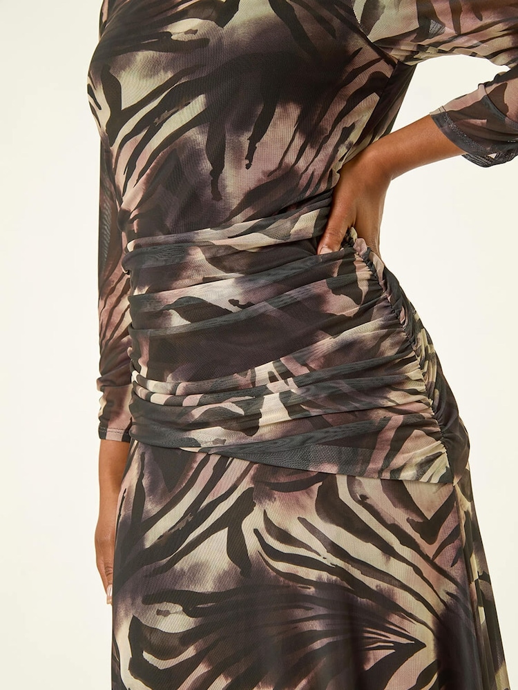 Roman Black Petite Animal Print Mesh Ruched Midi Dress - Image 5 of 5 Roman Black Petite Animal Print Mesh Ruched Midi Dress - Image 5 of 5
