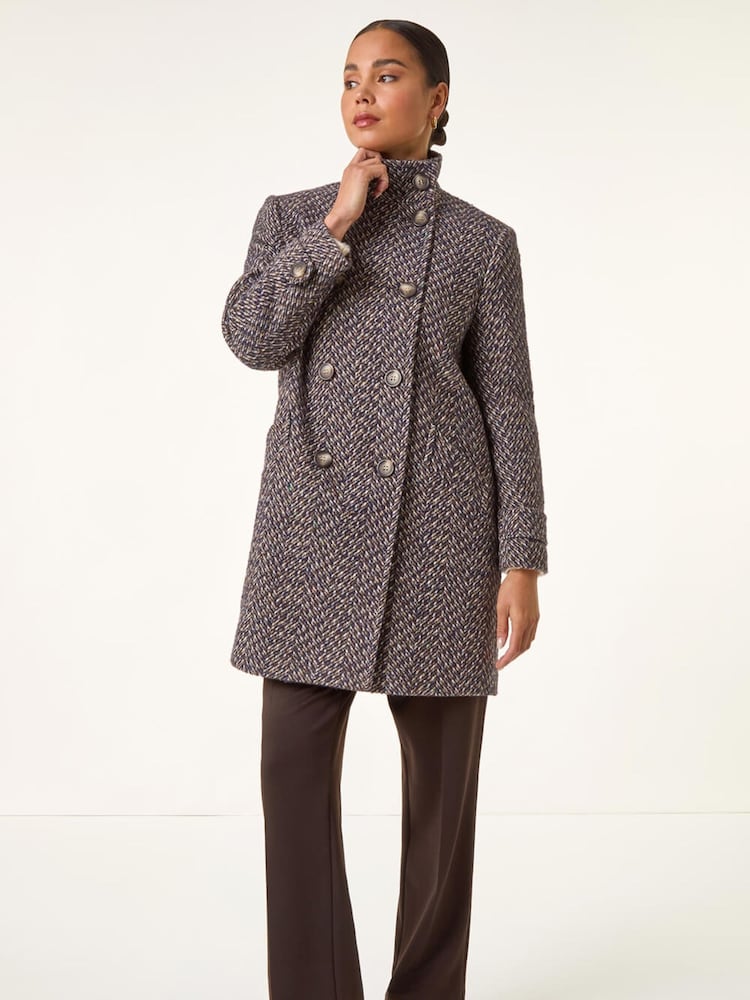 Roman Black Petite Double Breast Funnel Neck Coat - Image 1 of 5 Roman Black Petite Double Breast Funnel Neck Coat - Image 1 of 5