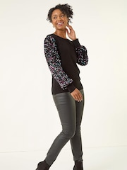 Roman Black Petite Contrast Sequin Knit Jumper - Image 2 of 5