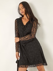 Roman Black Petite Floral Frill Lace Dress - Image 1 of 5