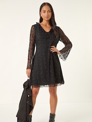 Roman Black Petite Floral Frill Lace Dress - Image 3 of 5