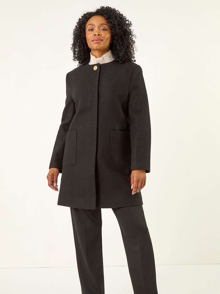 Roman Black Petite Patch Pocket Buttoned Coat - Image 2 of 5 Roman Black Petite Patch Pocket Buttoned Coat - Image 2 of 5