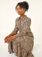 Roman Black Petite Abstract Print Tiered Midi Dress - Image 1 of 5