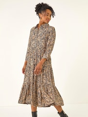 Roman Black Petite Abstract Print Tiered Midi Dress - Image 2 of 5