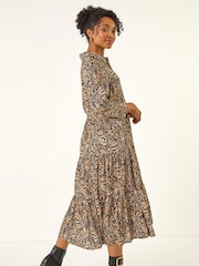 Roman Black Petite Abstract Print Tiered Midi Dress - Image 3 of 5