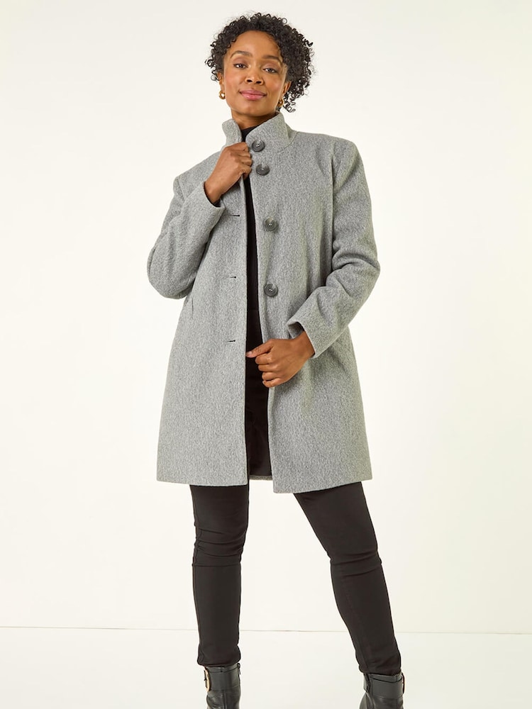 Roman Grey Petite Brushed Funnel Neck Coat - Image 1 of 5 Roman Grey Petite Brushed Funnel Neck Coat - Image 1 of 5