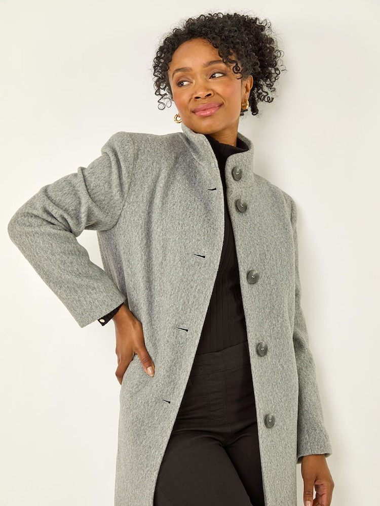 Roman Grey Petite Brushed Funnel Neck Coat - Image 2 of 5 Roman Grey Petite Brushed Funnel Neck Coat - Image 2 of 5