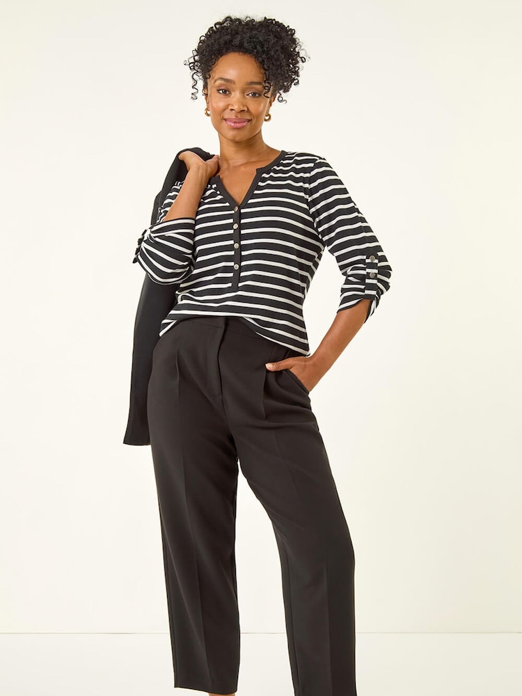 Roman Black Petite Petite Stripe V-Neck Button Top - Image 2 of 5 Roman Black Petite Petite Stripe V-Neck Button Top - Image 2 of 5