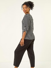 Roman Black Petite Petite Stripe V-Neck Button Top - Image 3 of 5