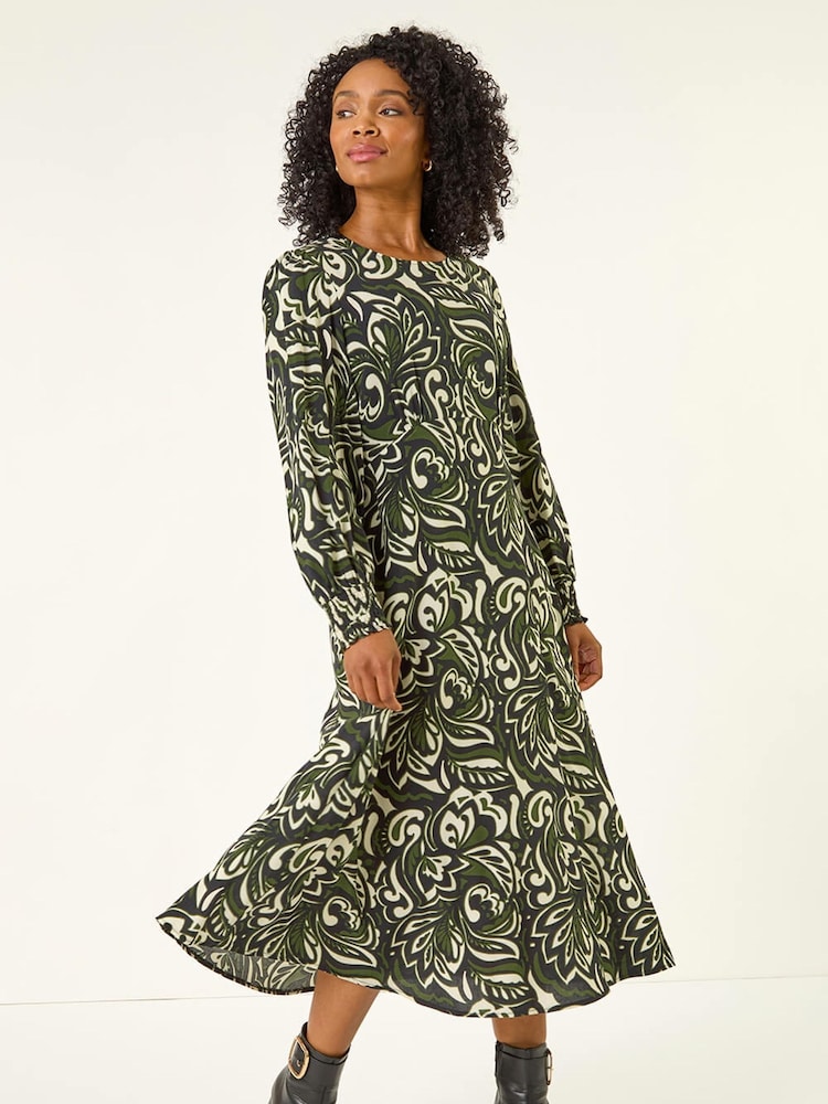 Roman Black Petite Printed Shirred Midi Dress - Image 1 of 5 Roman Black Petite Printed Shirred Midi Dress - Image 1 of 5