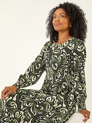 Roman Black Petite Printed Shirred Midi Dress - Image 2 of 5