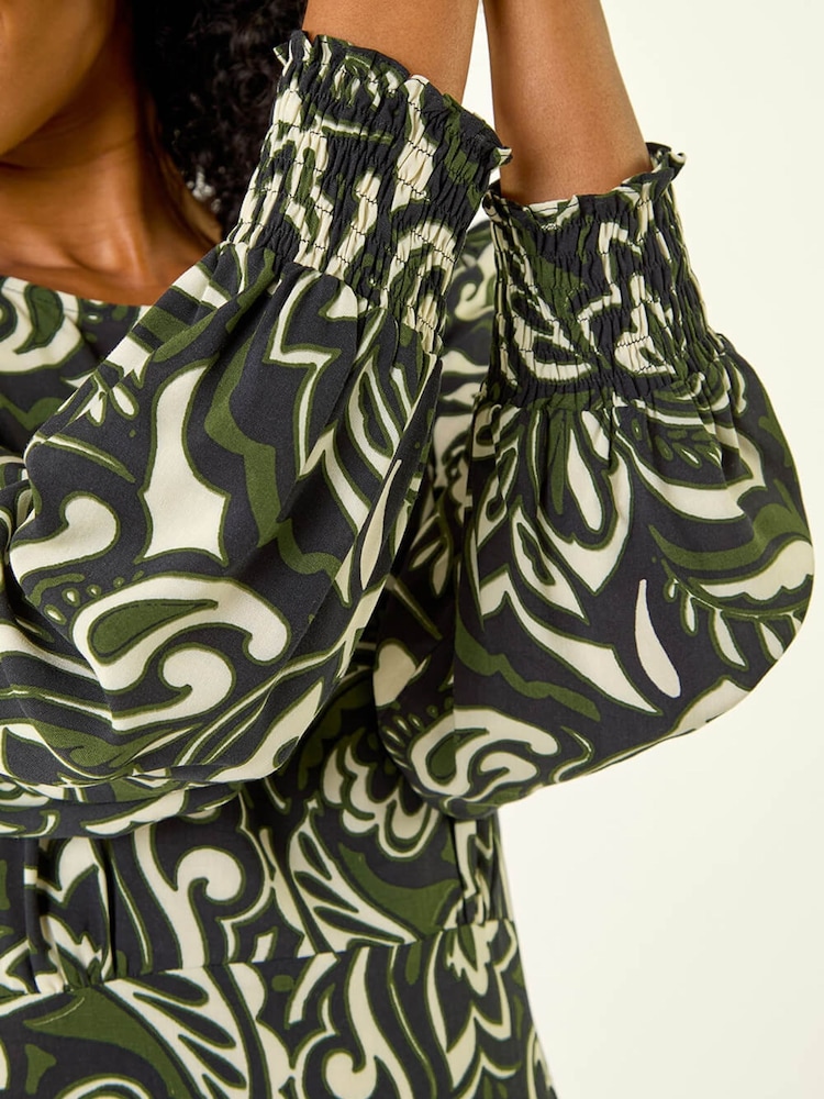 Roman Black Petite Printed Shirred Midi Dress - Image 5 of 5 Roman Black Petite Printed Shirred Midi Dress - Image 5 of 5