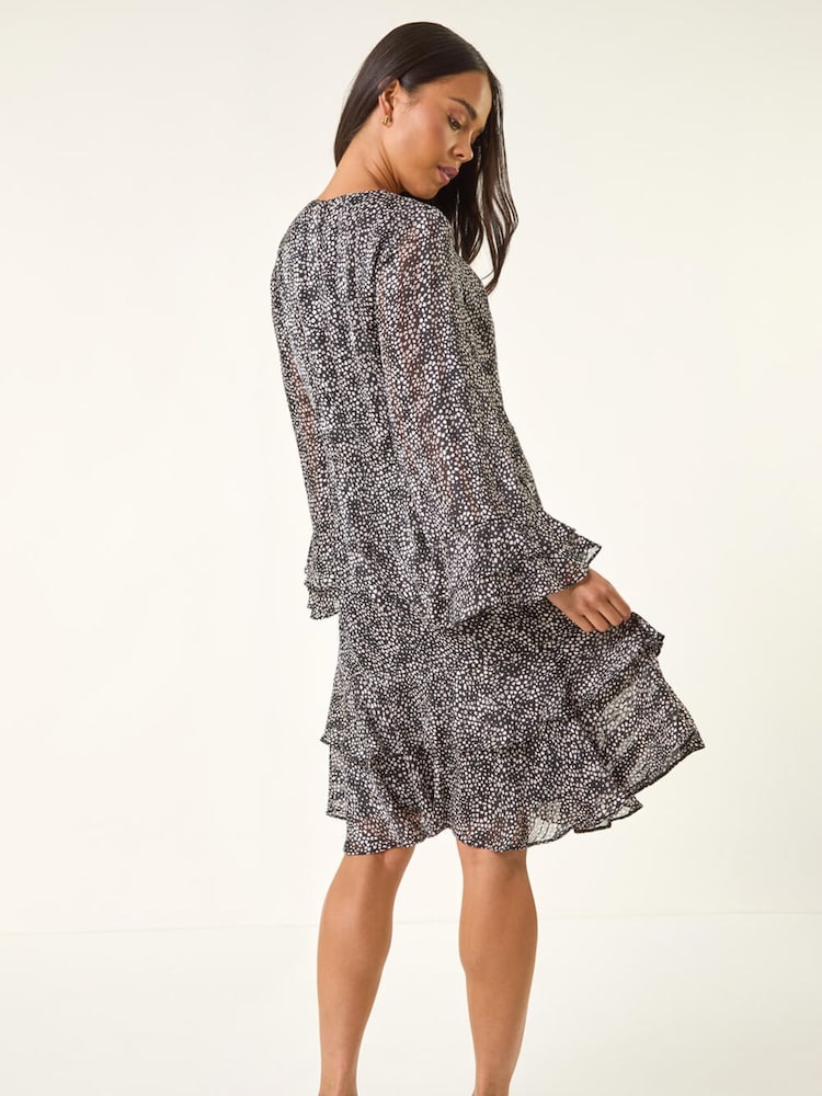 Roman Black Petite Abstract Print Frill Dress - Image 2 of 5