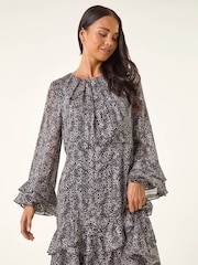 Roman Black Petite Abstract Print Frill Dress - Image 4 of 5