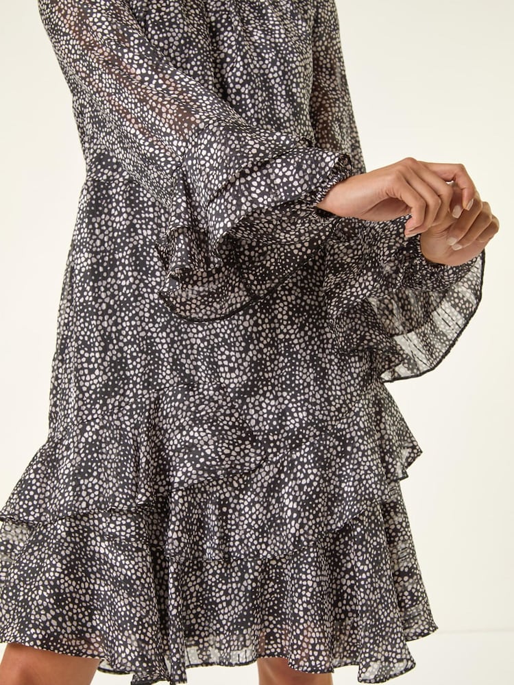 Roman Black Petite Abstract Print Frill Dress - Image 5 of 5