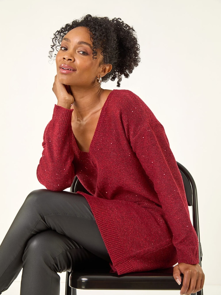 Roman Red Petite Petite Sparkle V-Neck Knit Jumper - Image 1 of 5 Roman Red Petite Petite Sparkle V-Neck Knit Jumper - Image 1 of 5