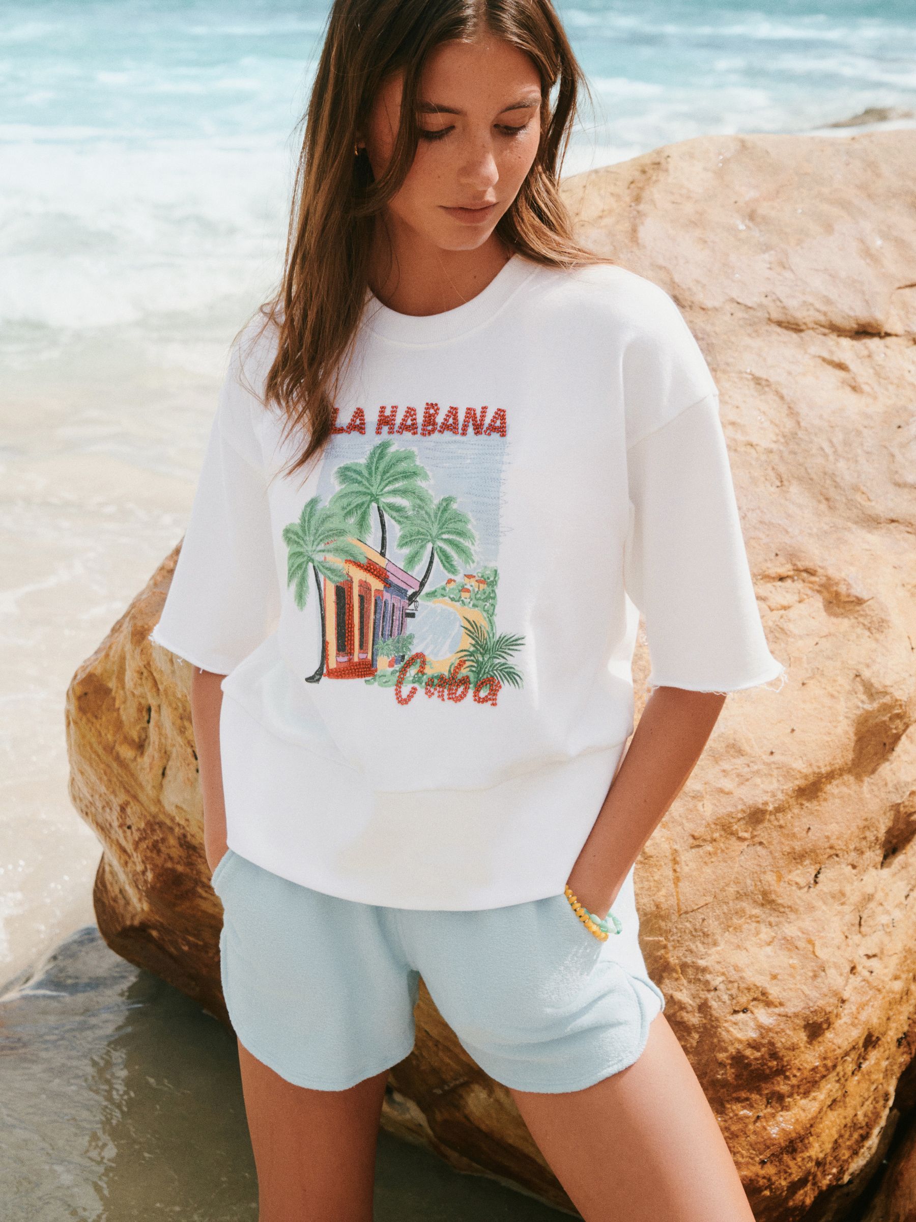 Buy Ecru White Beaded Summer Graphic Short Sleeve Sweatshirt from