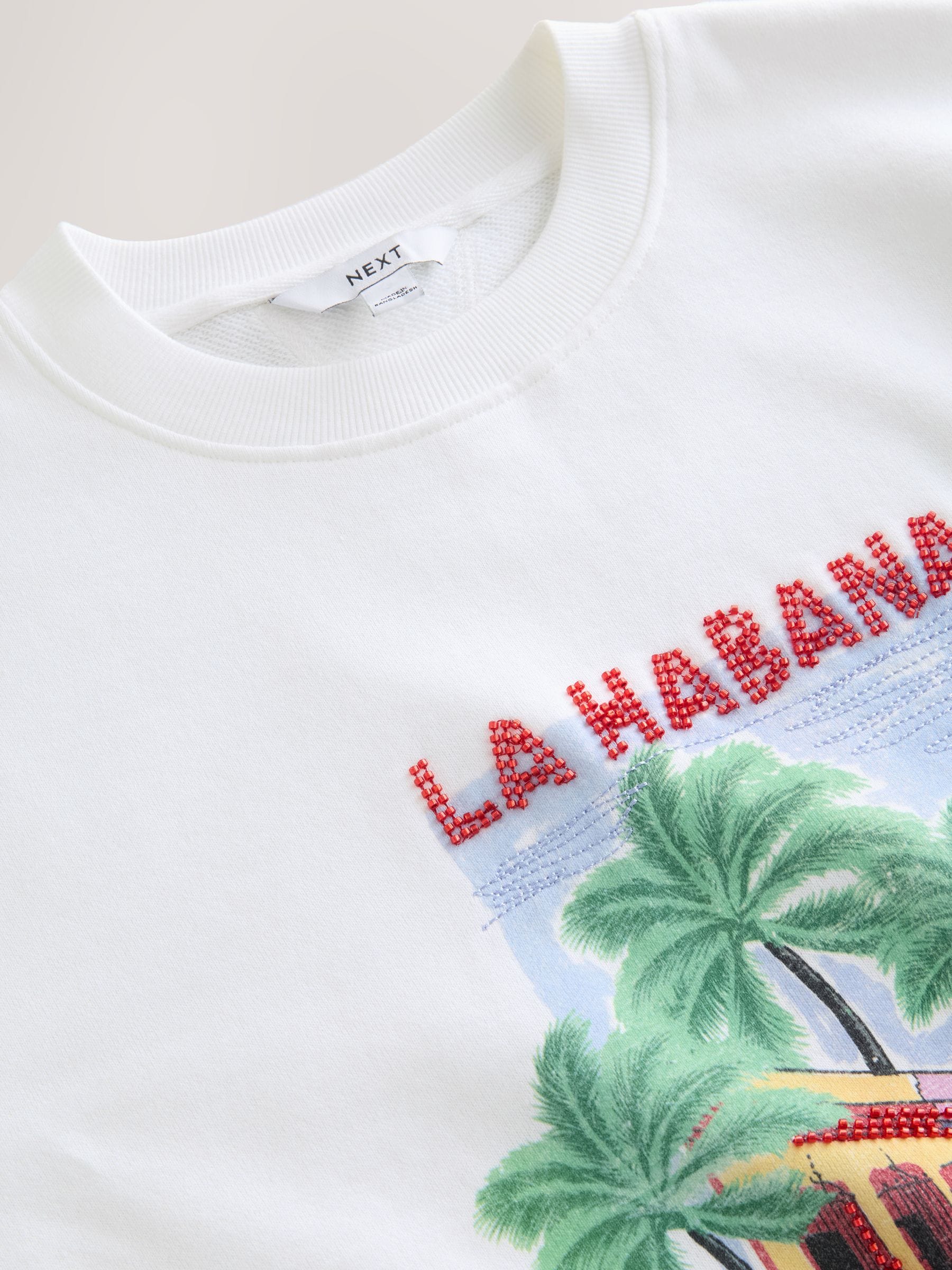 Buy Ecru White Beaded Summer Graphic Short Sleeve Sweatshirt from