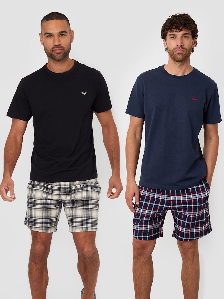 Threadbare Black Textured Check Shortie Pyjamas Set 2 Pack - Image 1 of 5 Threadbare Black Textured Check Shortie Pyjamas Set 2 Pack - Image 1 of 5