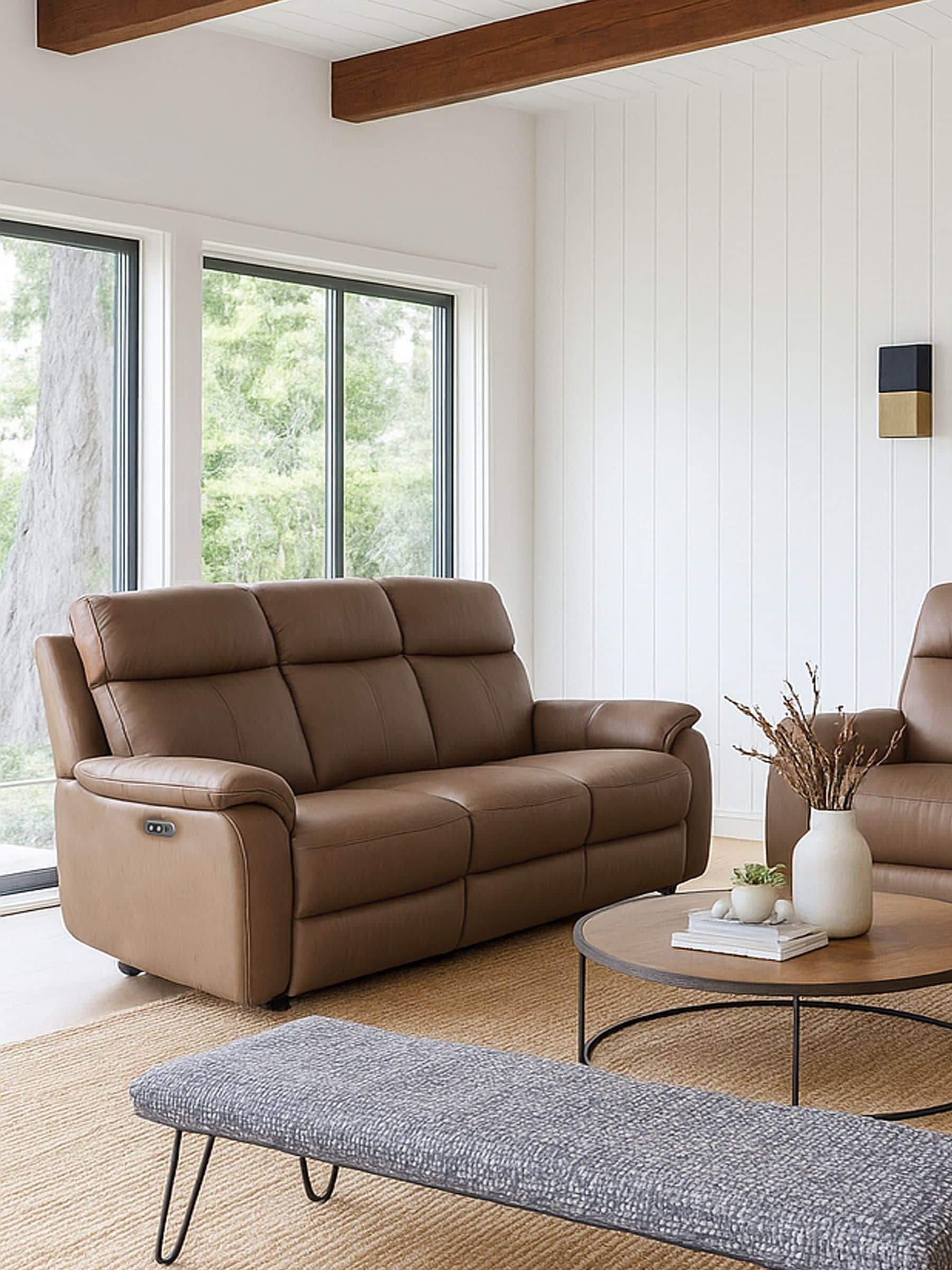 Okinawa Prefecture Camel Color Leather Reclining Sofa Sofa Set