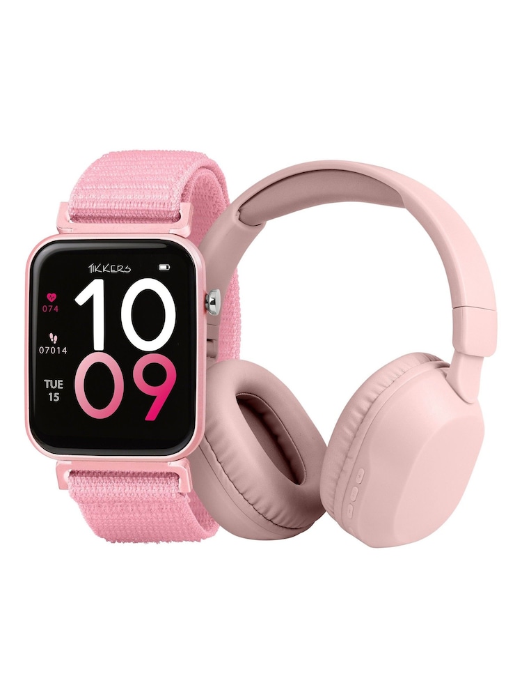 Tikkers Smart Series 13 Pink Easy Release Fabric Strap Smart Watch & Headphone Set - Image 1 of 5 Tikkers Smart Series 13 Pink Easy Release Fabric Strap Smart Watch & Headphone Set - Image 1 of 5