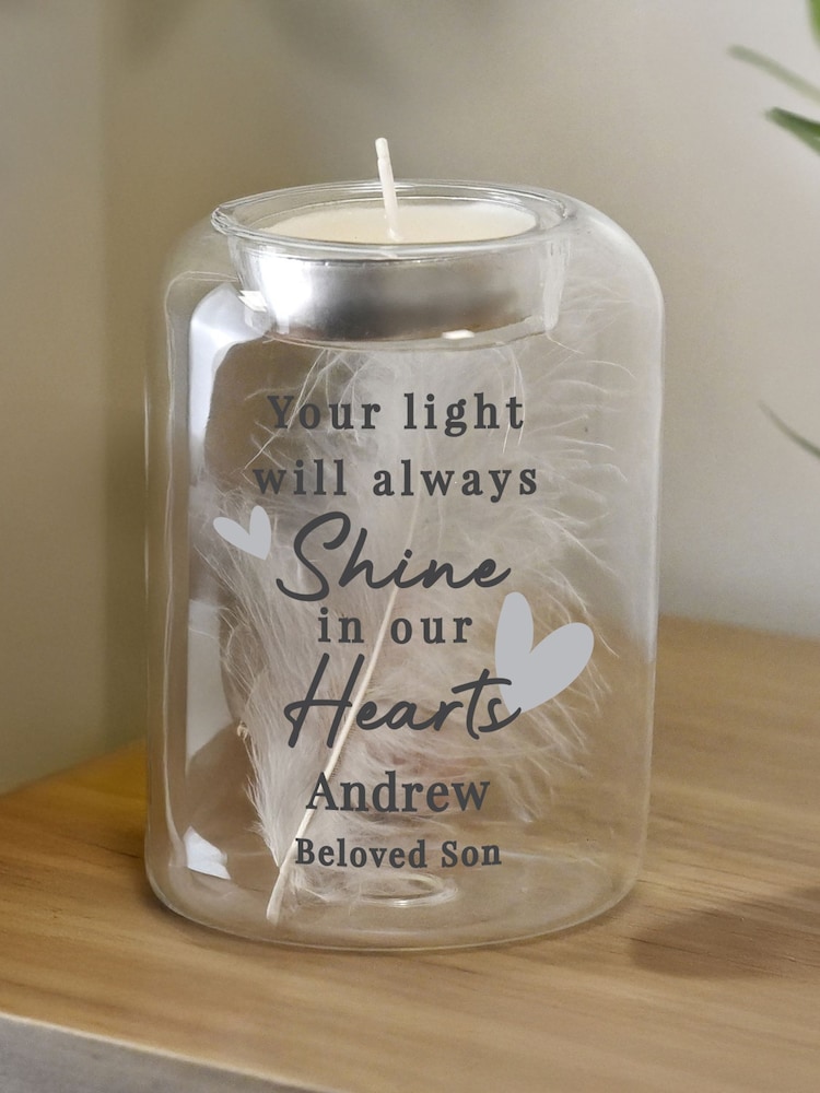 Personalised Hearts Memorial Feather Tealight Holder by PMC - Image 1 of 3