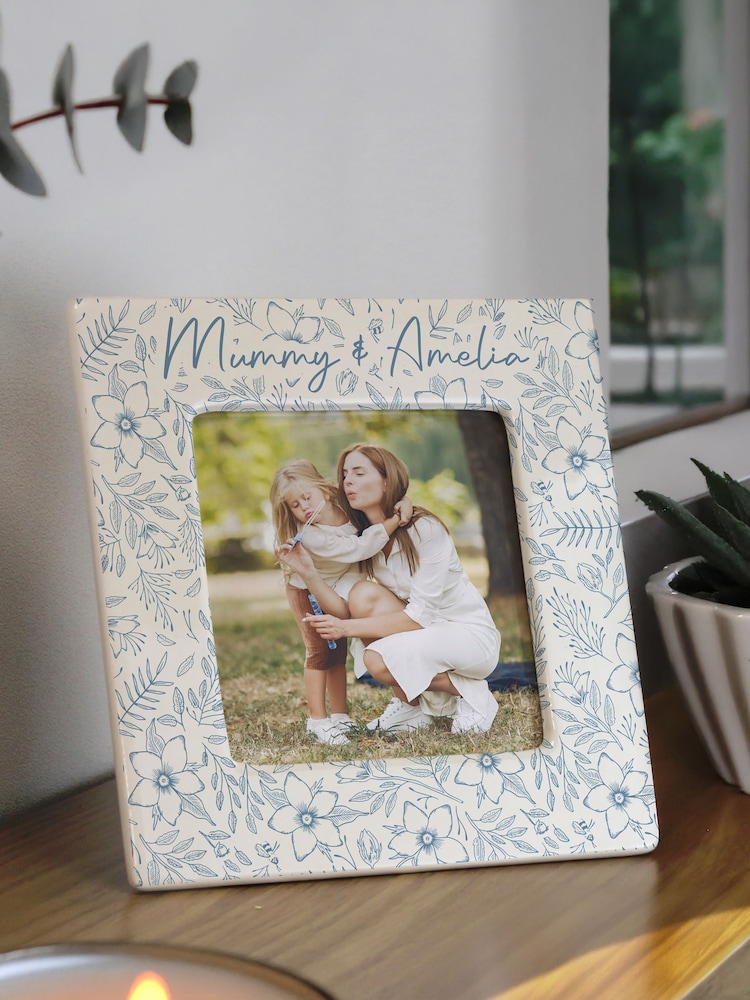 Personalised Blue Floral Ceramic 4x4 Frame by PMC - Image 2 of 3
