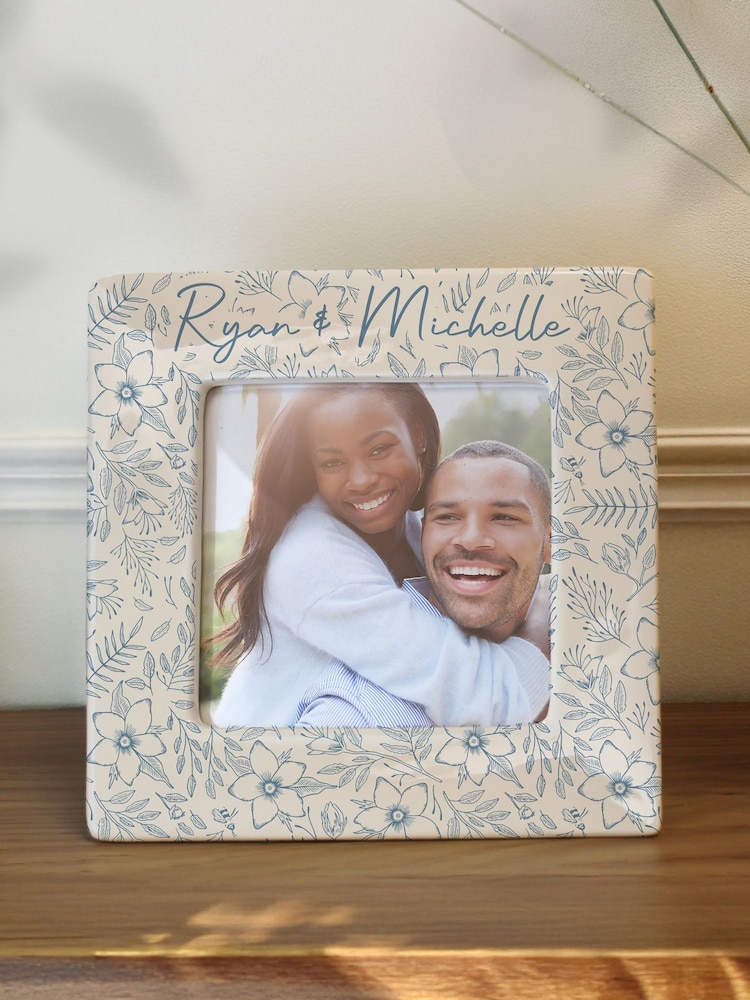 Personalised Blue Floral Ceramic 4x4 Frame by PMC - Image 3 of 3