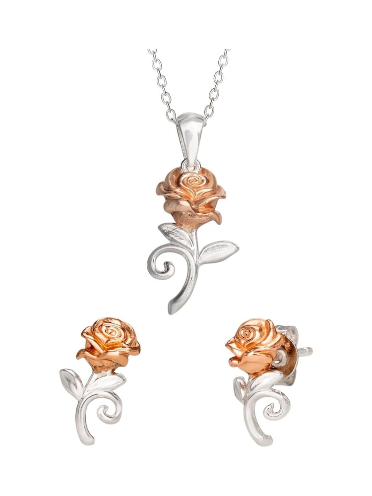 Peers Hardy Disney Beauty And The Beast Rose Sterling Silver Plated  And Rose Gold Necklace And Earrings Set - Image 1 of 3 Peers Hardy Disney Beauty And The Beast Rose Sterling Silver Plated  And Rose Gold Necklace And Earrings Set - Image 1 of 3