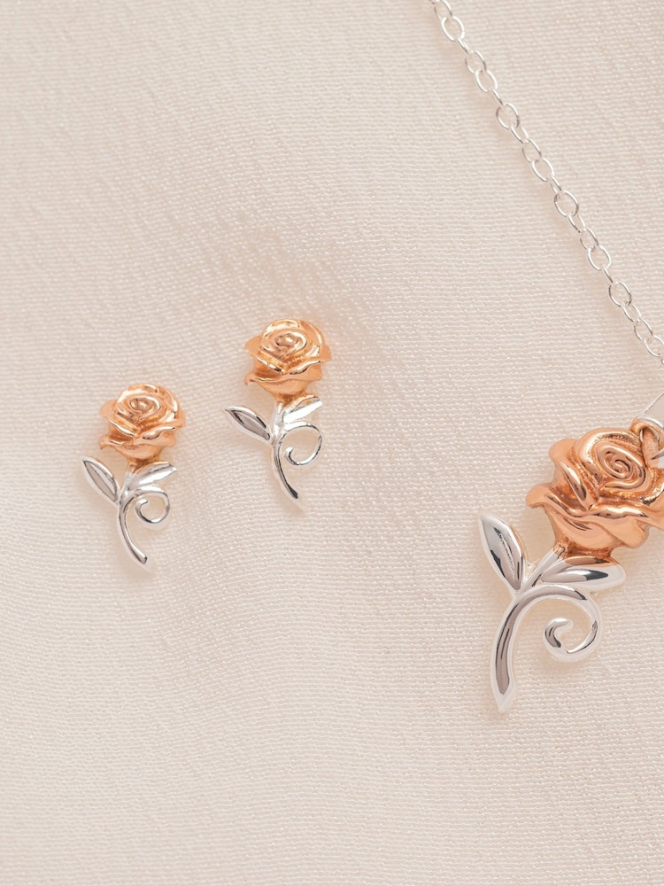 Peers Hardy Disney Beauty And The Beast Rose Sterling Silver Plated  And Rose Gold Necklace And Earrings Set - Image 2 of 3 Peers Hardy Disney Beauty And The Beast Rose Sterling Silver Plated  And Rose Gold Necklace And Earrings Set - Image 2 of 3