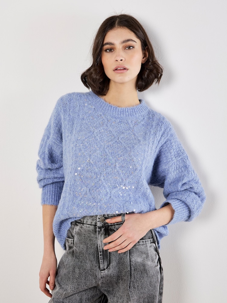 Apricot Blue Cable Sequin Panel Jumper - Image 1 of 5 Apricot Blue Cable Sequin Panel Jumper - Image 1 of 5