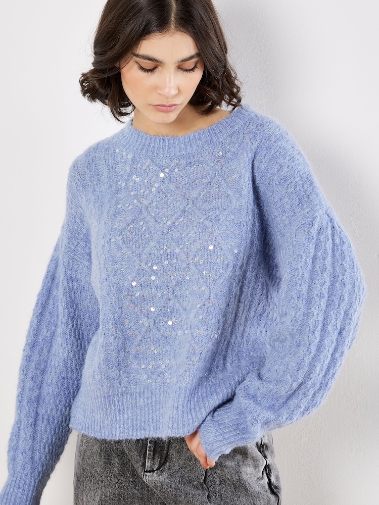Apricot Blue Cable Sequin Panel Jumper - Image 2 of 5 Apricot Blue Cable Sequin Panel Jumper - Image 2 of 5