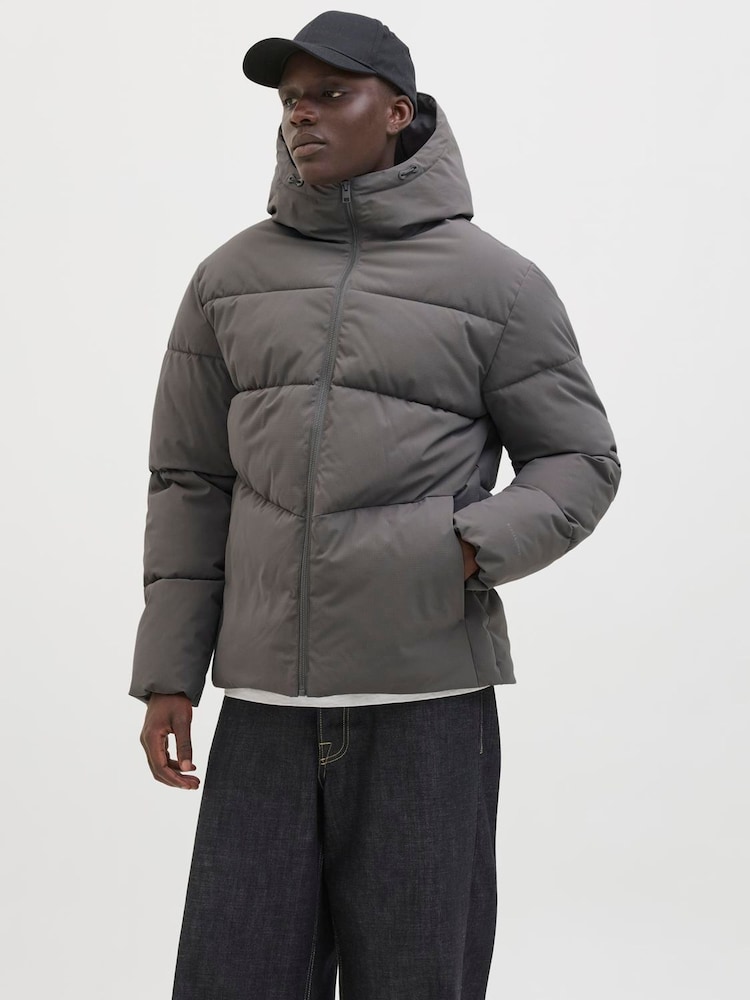 JACK & JONES Grey Hooded Puffer Jacket - Image 1 of 6 JACK & JONES Grey Hooded Puffer Jacket - Image 1 of 6