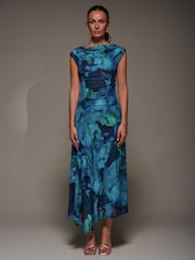 Jolie Moi Blue Slash Neck Ruched Mesh Maxi Dress - Image 1 of 6