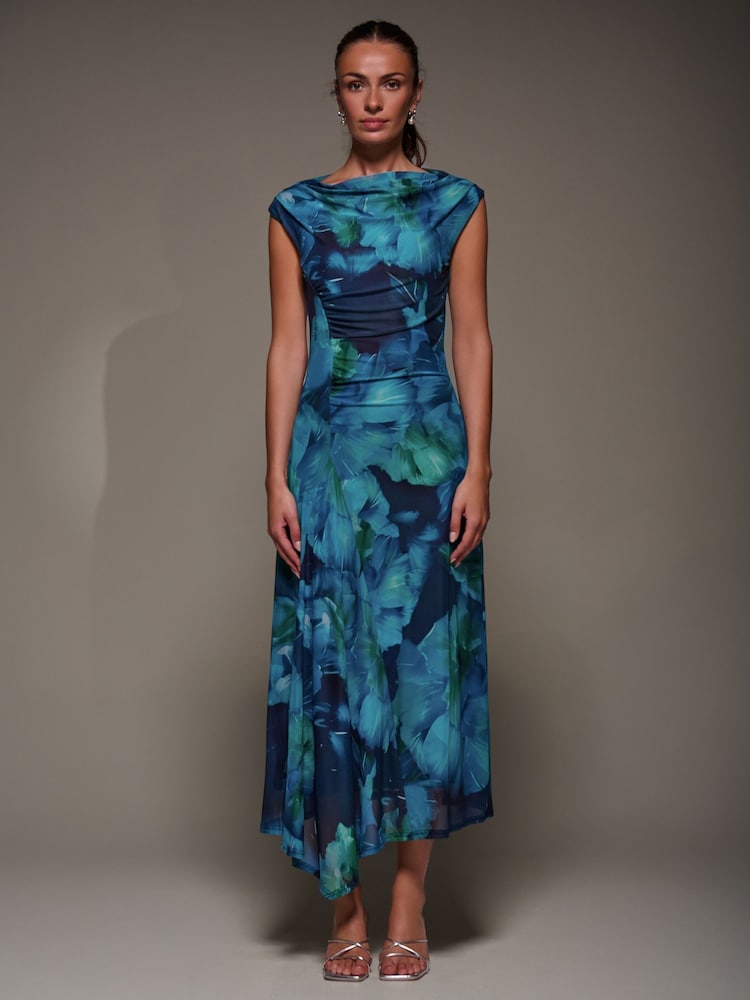 Jolie Moi Blue Slash Neck Ruched Mesh Maxi Dress - Image 1 of 6
