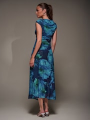Jolie Moi Blue Slash Neck Ruched Mesh Maxi Dress - Image 2 of 6