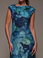 Jolie Moi Blue Slash Neck Ruched Mesh Maxi Dress - Image 3 of 6