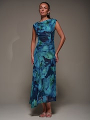 Jolie Moi Blue Slash Neck Ruched Mesh Maxi Dress - Image 4 of 6