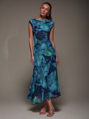 Jolie Moi Blue Slash Neck Ruched Mesh Maxi Dress - Image 5 of 6