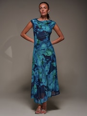Jolie Moi Blue Slash Neck Ruched Mesh Maxi Dress - Image 6 of 6