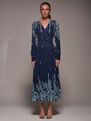 Jolie Moi Sky Blue Long Sleeve Printed Mesh Midaxi Dress - Image 1 of 6