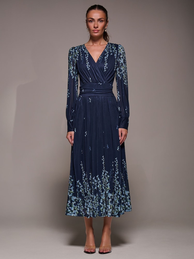 Jolie Moi Sky Blue Long Sleeve Printed Mesh Midaxi Dress - Image 1 of 6 Jolie Moi Sky Blue Long Sleeve Printed Mesh Midaxi Dress - Image 1 of 6