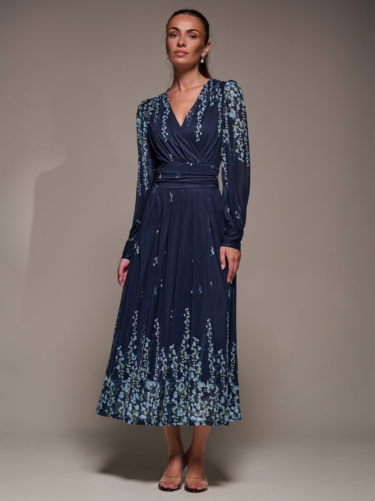 Jolie Moi Sky Blue Long Sleeve Printed Mesh Midaxi Dress - Image 2 of 6 Jolie Moi Sky Blue Long Sleeve Printed Mesh Midaxi Dress - Image 2 of 6