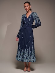 Jolie Moi Sky Blue Long Sleeve Printed Mesh Midaxi Dress - Image 3 of 6