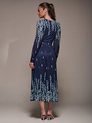 Jolie Moi Sky Blue Long Sleeve Printed Mesh Midaxi Dress - Image 4 of 6