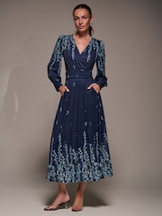 Jolie Moi Sky Blue Long Sleeve Printed Mesh Midaxi Dress - Image 6 of 6