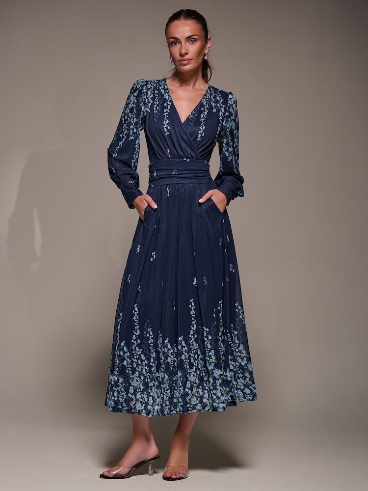Jolie Moi Sky Blue Long Sleeve Printed Mesh Midaxi Dress - Image 6 of 6 Jolie Moi Sky Blue Long Sleeve Printed Mesh Midaxi Dress - Image 6 of 6
