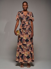 Jolie Moi Orange Angel Sleeve Draped Mesh Maxi Dress - Image 1 of 6
