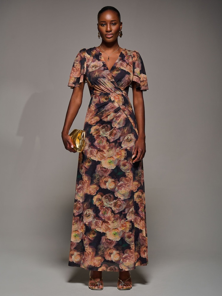 Jolie Moi Orange Angel Sleeve Draped Mesh Maxi Dress - Image 1 of 6 Jolie Moi Orange Angel Sleeve Draped Mesh Maxi Dress - Image 1 of 6